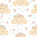 Baby sleeping yellow cloud seamless pattern. Children vector illustration.